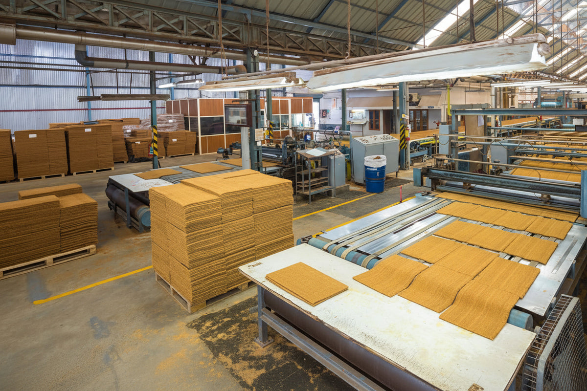 Workers in a warehouse with coir mats and  machinery